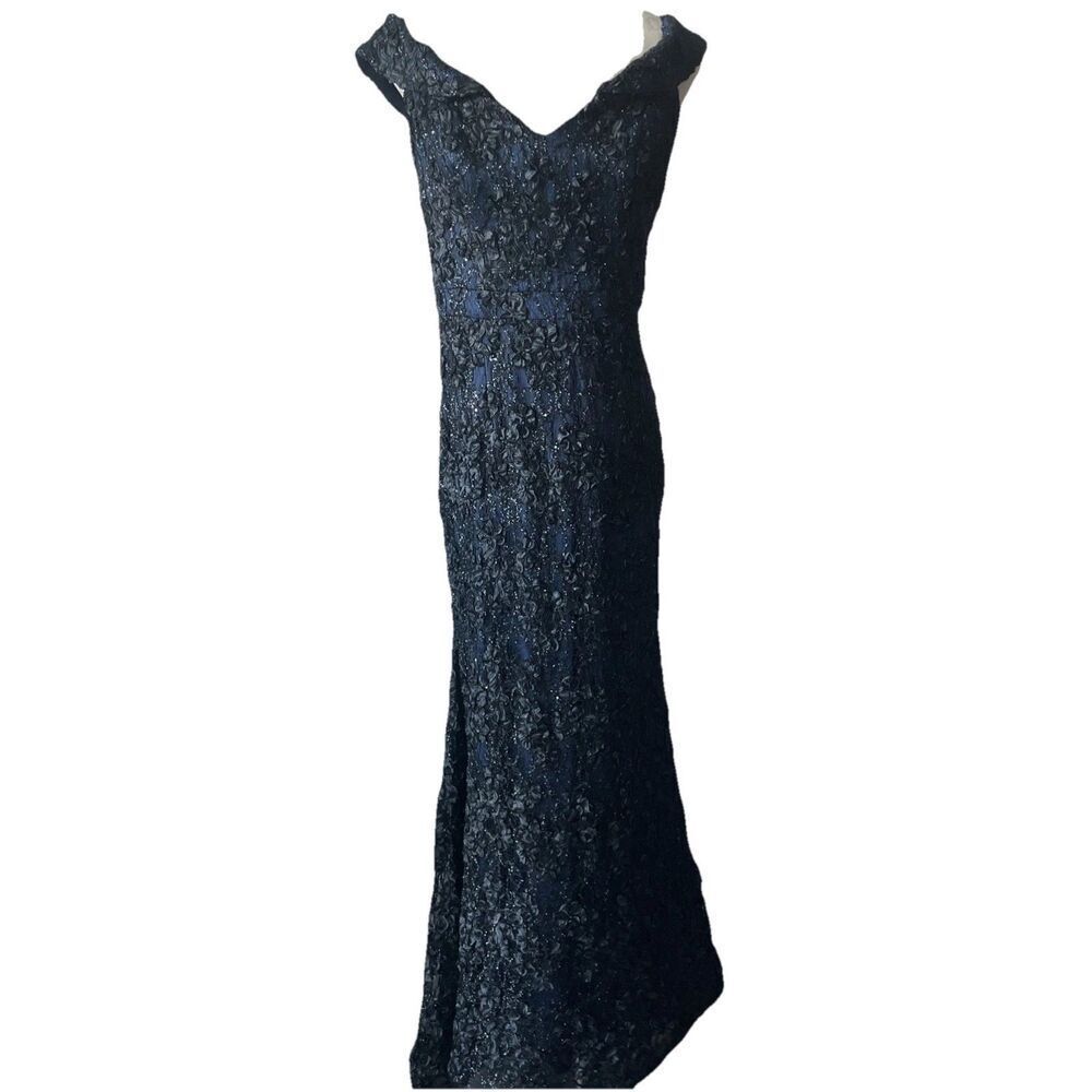 XSCAPE Off The Shoulder Evening Formal Navy Blue Gown Sequins Lace Size 12 NEW - Picture 6 of 10